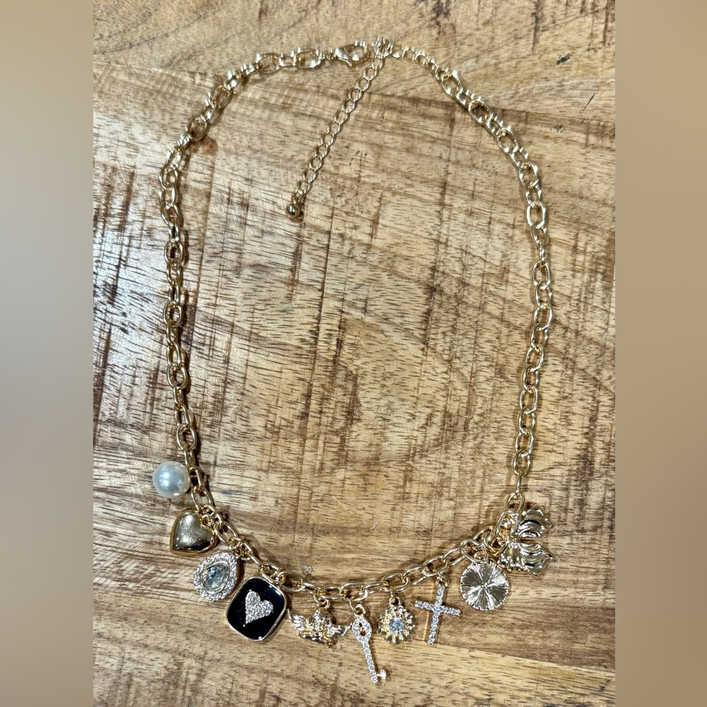 Gold Charm Necklace with Heart and Pearl Accents